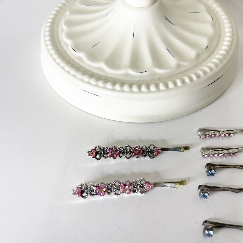 Lot of 7 Vintage Y2K Rhinestone Silver Bobby Pins 90s Fashion Glam Sparkle - Picture 2 of 16